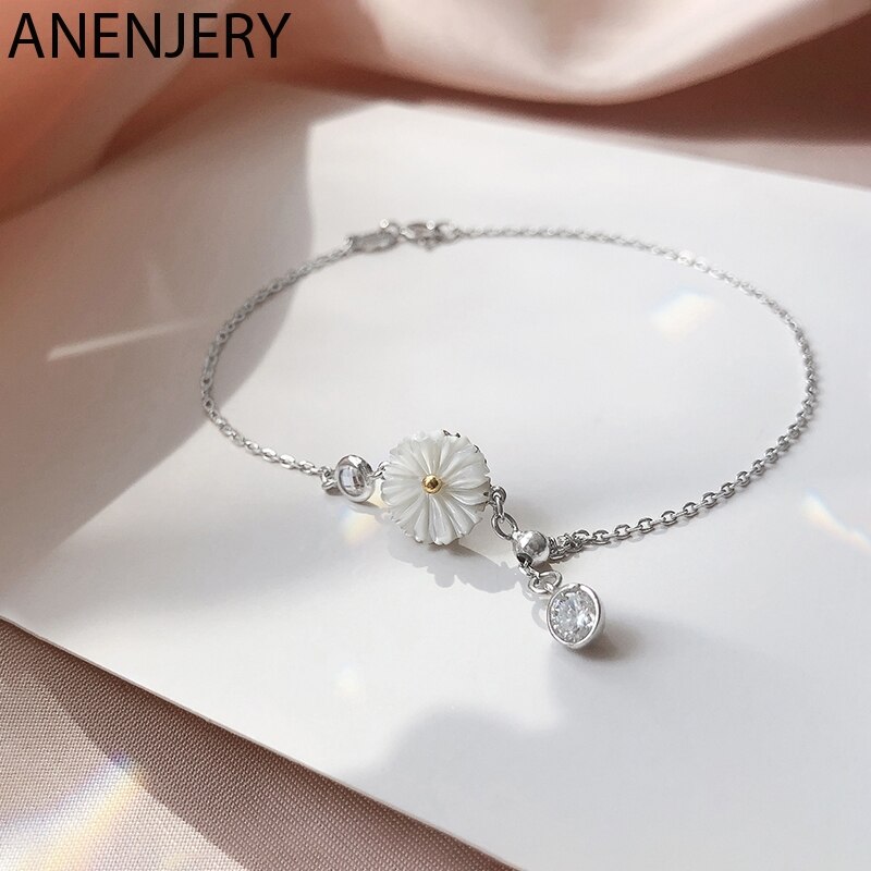 ANENJERY Delicate Natural White Shell Daisy Anklet Bracelet For Women Anti-allergic Silver Color Adjustable Bracelet S-B409