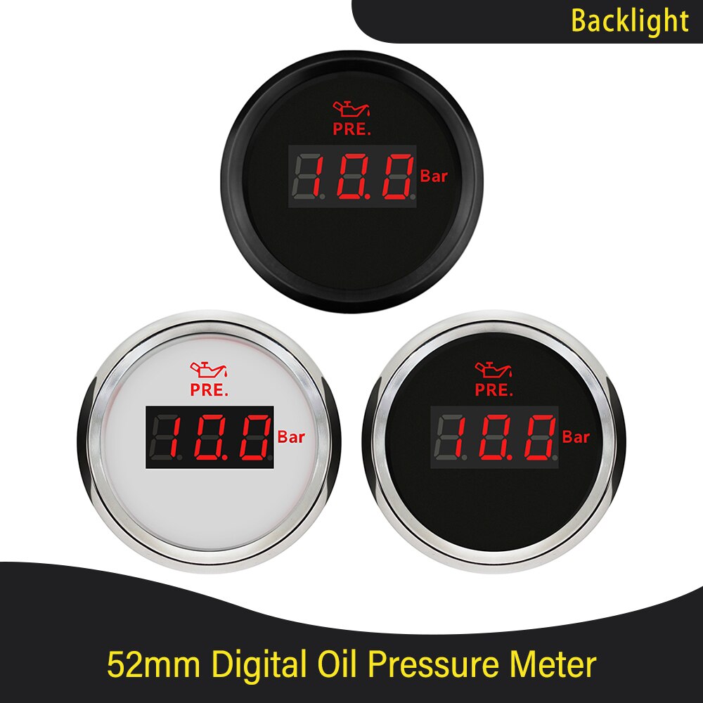 Universal vandtæt 52mm olietryksmåler 0-5 bar 0-75 psi /0-10 bar 0-145 psi med rød baggrundsbelysning 9-32v til bil lastbil båd