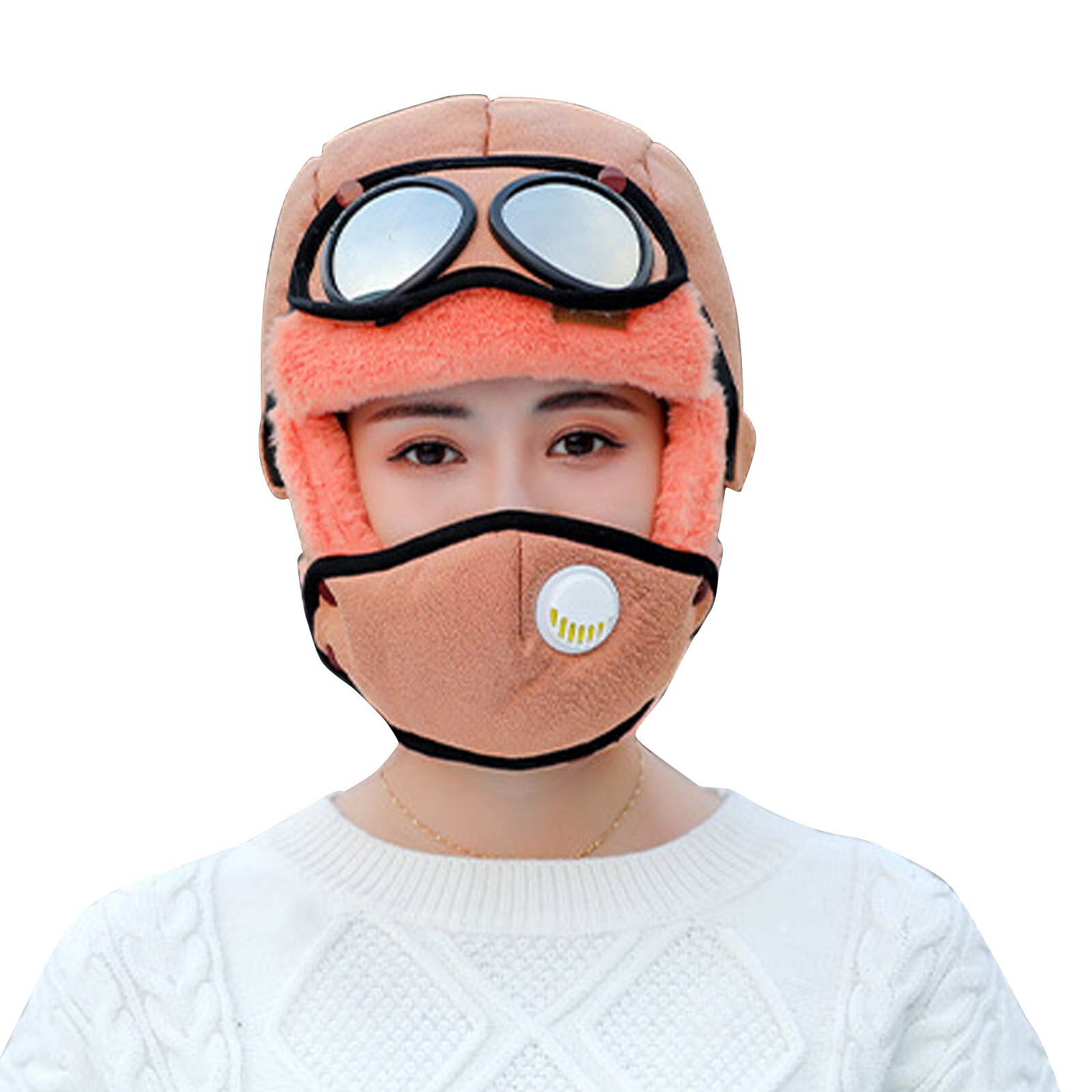 Cycling Windproof Outdoor Hat with Ear Flap and Breathing Valves Face Cover Goggles Warm Plush Full Head Hat PR: orange red