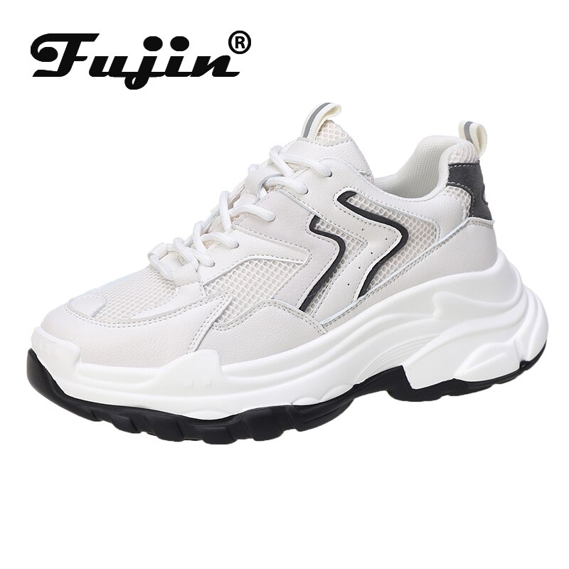 Fujin damesneakers blonder forår rund tå tyk bund kausal solid platform åndbare chunky sneakers til kvinder