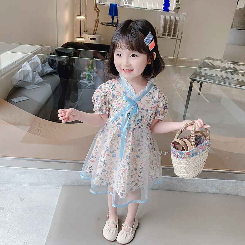 Lisunny Meisjes Casual Jurk Zomer Kinderen Prinses Jurk Kant Afdrukken Korte Mouwen Jurk Kinderen Kleding