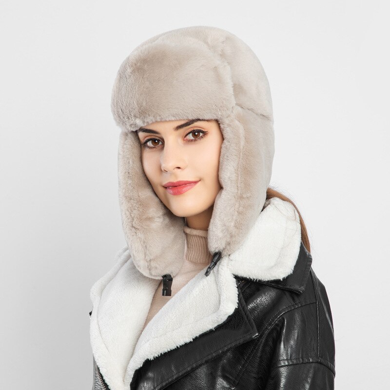Winter Vrouwen Faux Fur Hoed Pluche Warm Gehoorbescherming Hoed Ski Hoed Outdoor Riding Winddicht Hoed: 1khaki