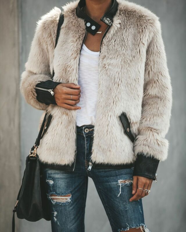 Women Warm Teddy Bear Fleece Leather Patchwork Pocket Long Sleeve Slim Jacket Zip Up Oversize Outwear Coats