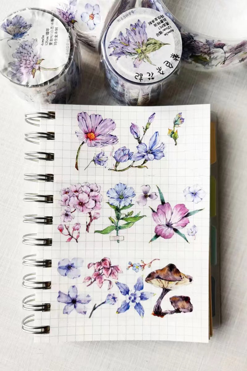Vintage Purple Miscellaneous Flowers Washi PET Tape DIY Card Making Scrapbooking Plan Decorative Sticker