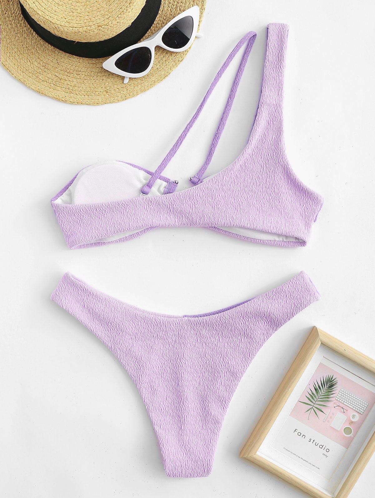 Zaful-Bikini de dos piezas para mujer, traje de baño de dos piezas con textura y un hombro, Bikini Bicolor, ropa de playa