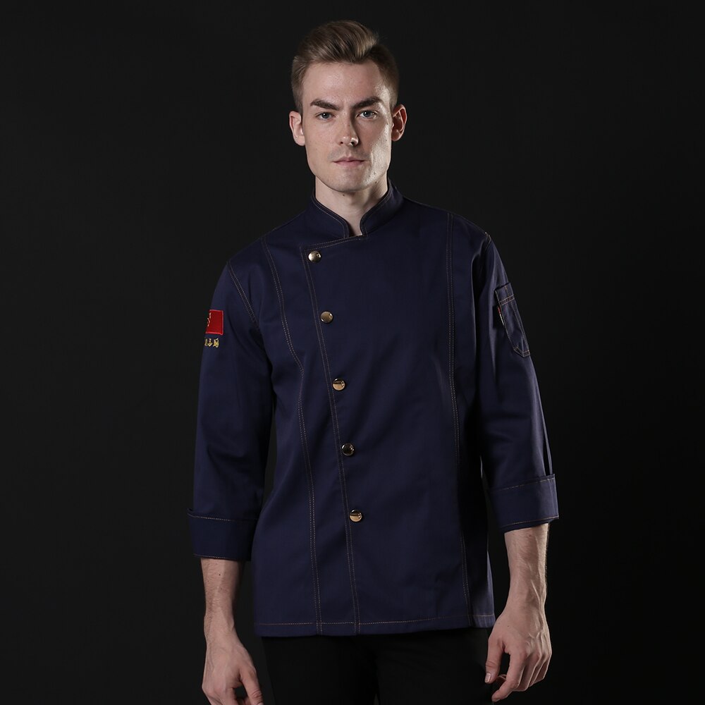unisex Chef clothes Coffee shop kitchen bakery catering chef breathable chef jacket long sleeve Caterer Waiter uniform: blue chef suit / M