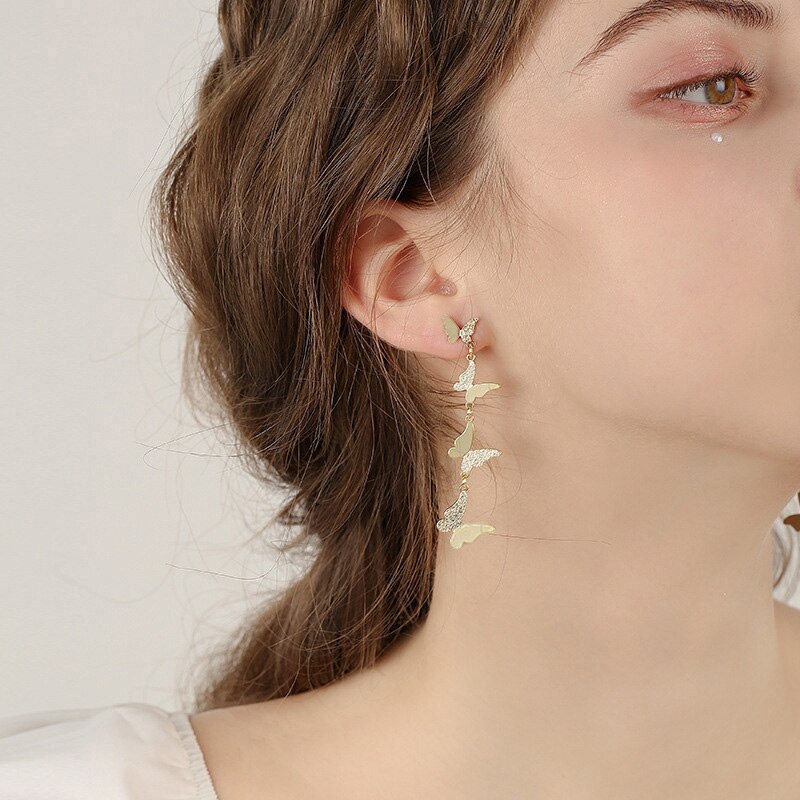 Metalen Vlinder Kwastje Oorbellen Multi-Lagen Vrouwen Dangle Oorbellen Goud Kleur Lange Opknoping Oorbellen Boucle D&#39; Oreille Femme