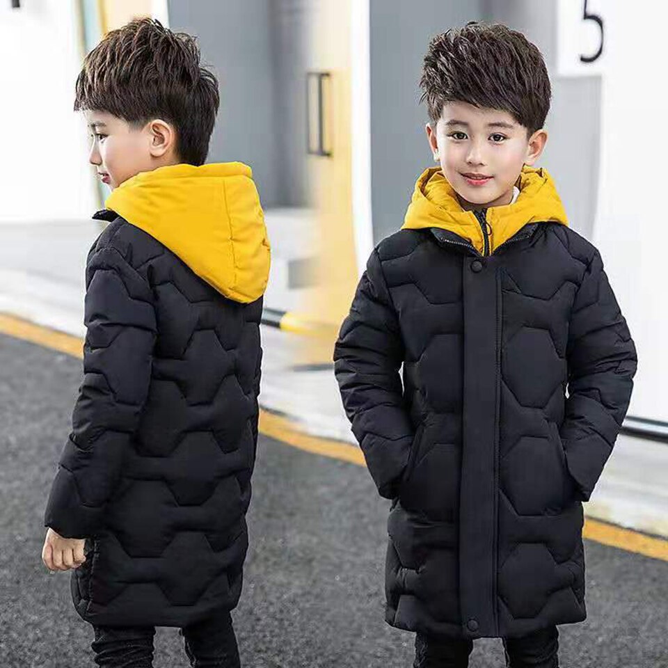 Voor 6 8 10 12 13 Jr Effen Kleur Tiener Jongens Rits Jassen Winter Parka Geel Kleur Hooded Casual warm Jongens Bovenkleding