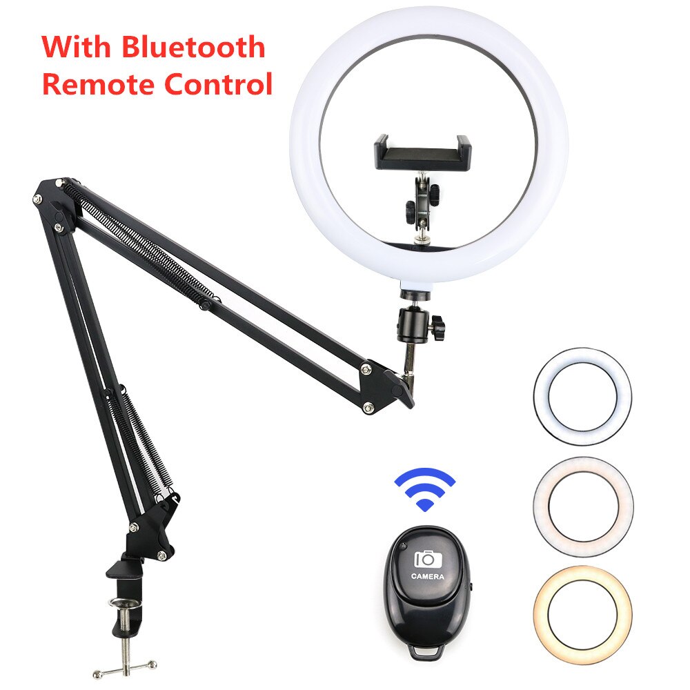 26Cm Led Ring Licht Met Lange Arm Stand Selfie Lamp Dimbare Fotografie Verlichting Kit Voor Live Tiktok Telefoon Clip opvouwbare Houder: With Bluetooth