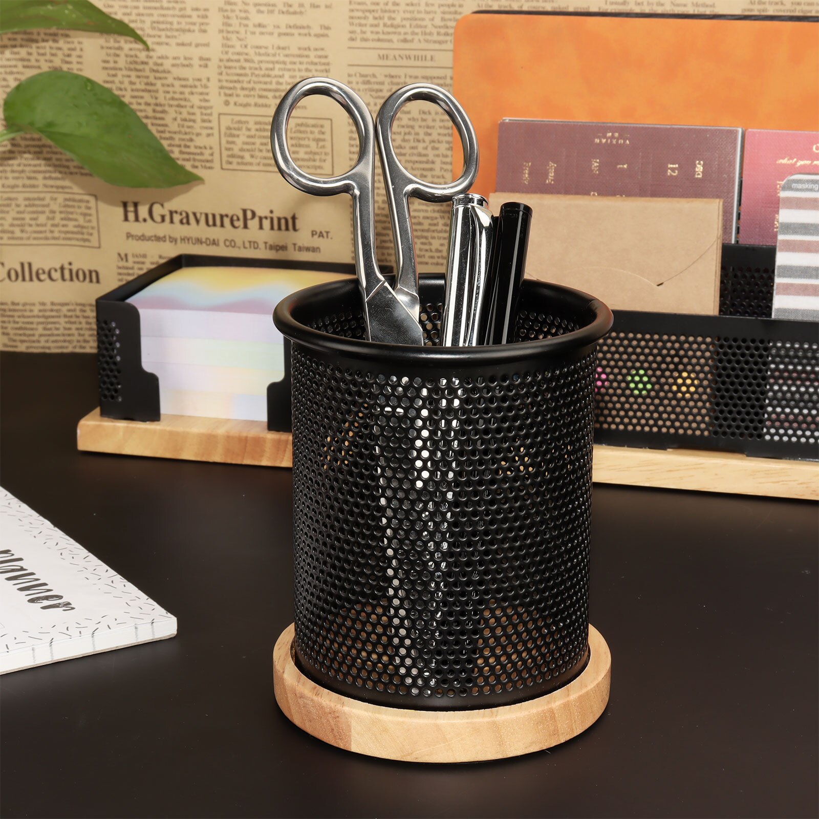 Wood Black Mesh Office Desk Organizer Set Pencil Pen Holder Sticky Notes Memo Holder Upright Stand Letter Sorter Mail Document