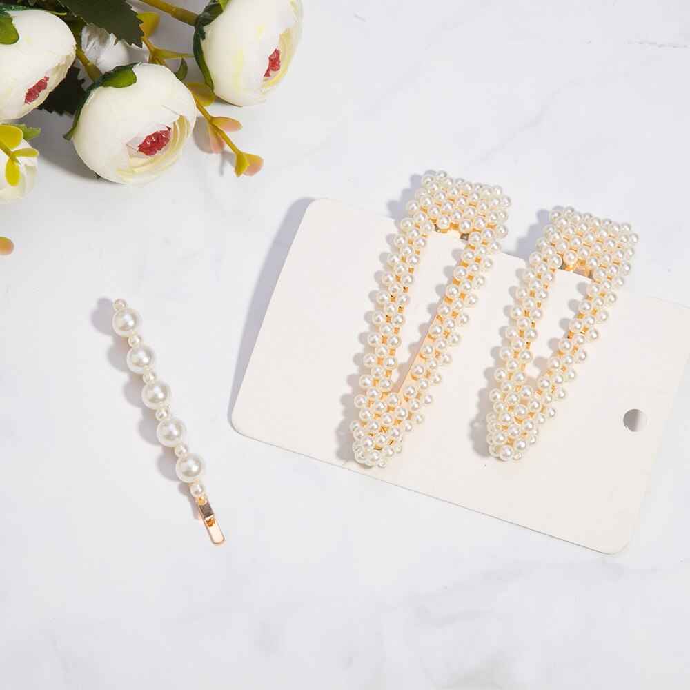3/4pcs Trendy Pearl Hair Clips For Women Handmade Geometric Hair Barrette Triangle Square Hairpins Snap Hair Styling Accessories