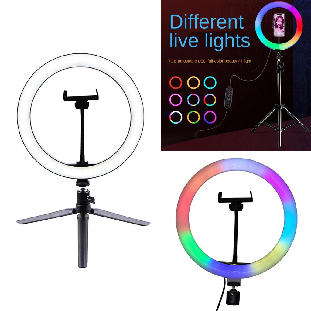 Rgb cor anel de luz 10 polegada led controle remoto círculo lâmpada com telefone montar clipe tripé suporte para maquiagem fotografia iluminação