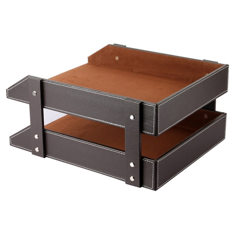 A4 Document File Organizer Tray Double Layers Desk PU Leather Paper Holder Magazine Rack Storage Holder for Home School