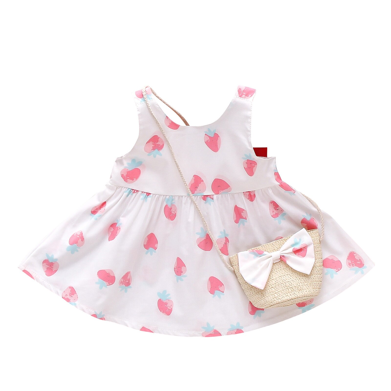 Robe d'été pour -né fille, ensemble sans manches, avec nœud fraise, tenue princesse, sac, tenue pour bébé fille, Costume #35