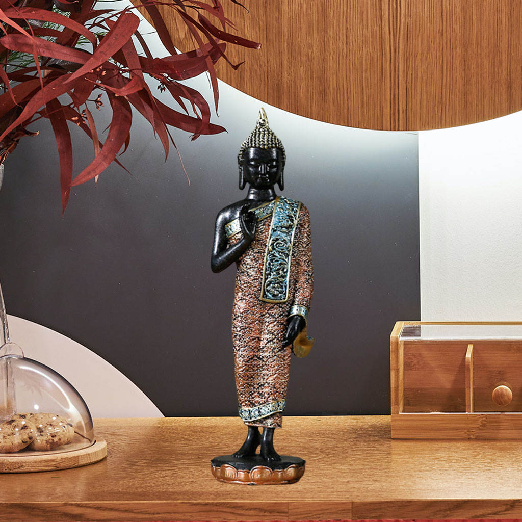 Resin Thai Sitting Buddha Asian Statue Chinese Feng Shui Sculpture Luck Wealth Sculpture Home Art Decor Collection: Black Stand Pose A