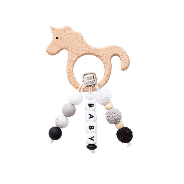 1pc Del bambino Sonaglio tamburo di Legno di Faggio Animale Del Fumetto Giocattoli silicone Massaggiagengive per I Denti Perline Personalizzati Nome Del bambino Fatti A Mano Dentizione Giocattoli: Hippocampus