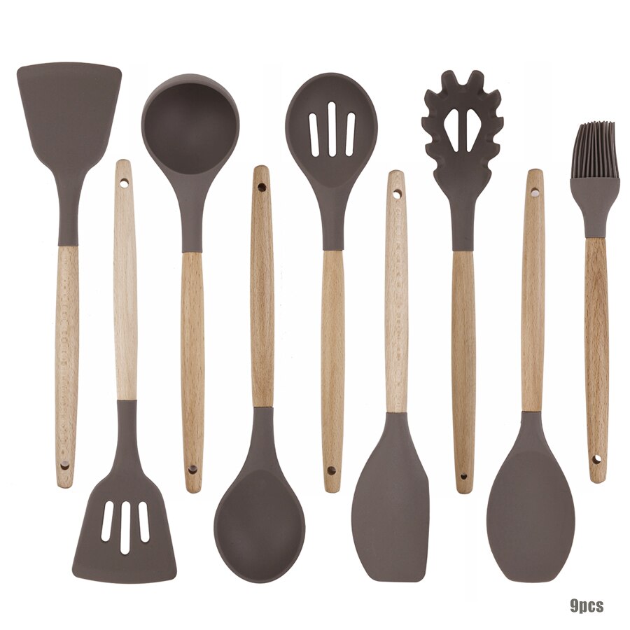 Juego de cocina de silicona antiadherente, resistente al calor, fácil de limpiar, de madera maciza, mango de madera de haya, juego de espátulas: Champagne Grey-9pcs