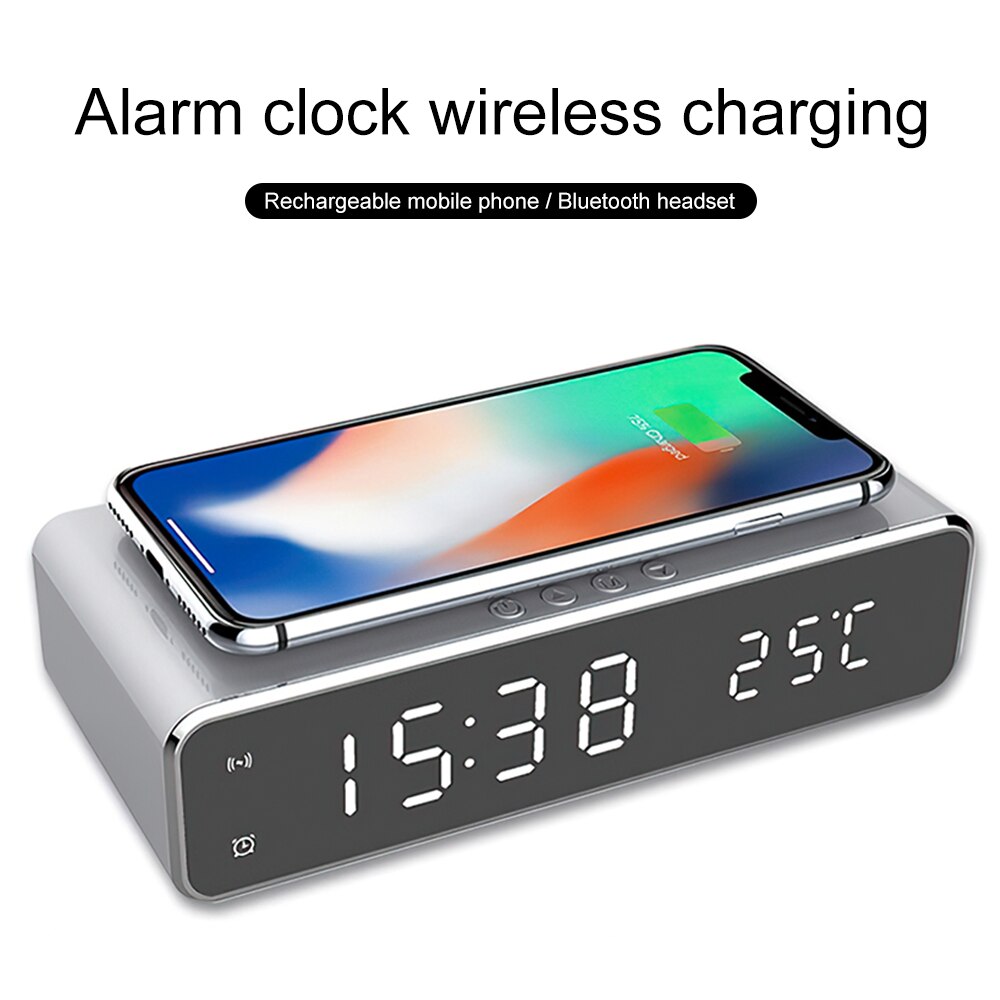 2in 1 LED Alarm Clock Mobile Phone Wireless Charger Digital Temperature Display Bedside Table Clock