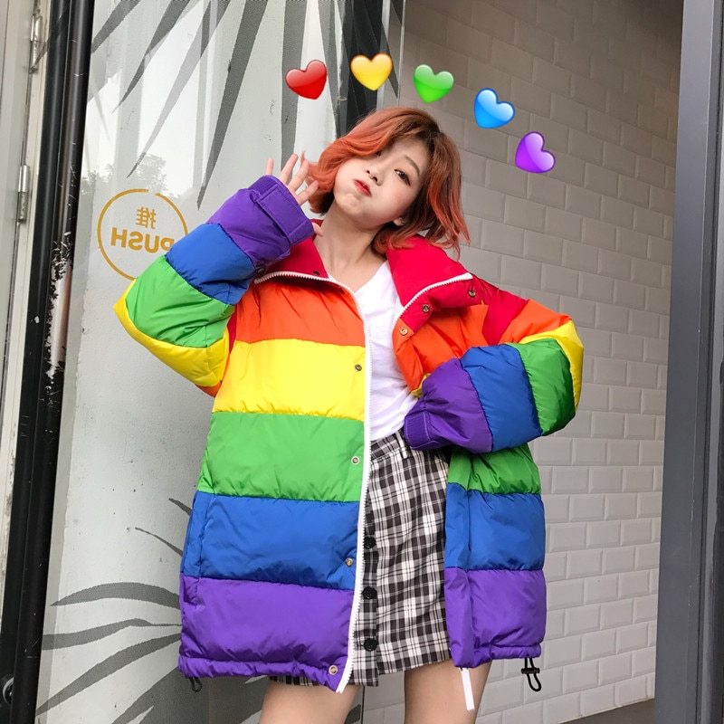 Chaqueta informal de invierno u-swear harajuku para mujer, parka acolchada con arcoíris, abrigo holgado a rayas de talla grande, chaqueta para mujer