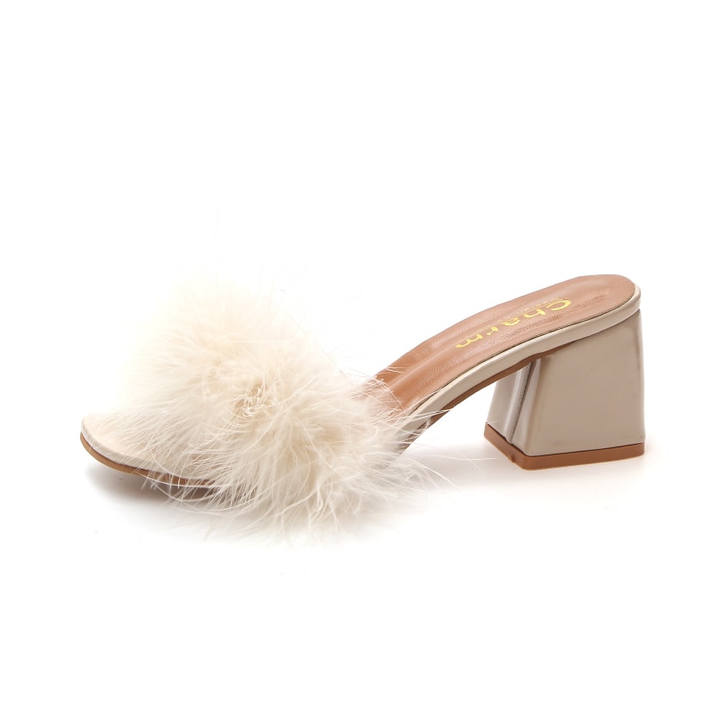 Gennemsigtig pels slides kvinder sko tykke høje hæle fluffy fjer hjemmetøfler slip på firkantet tå dame lodne hår klipklapper