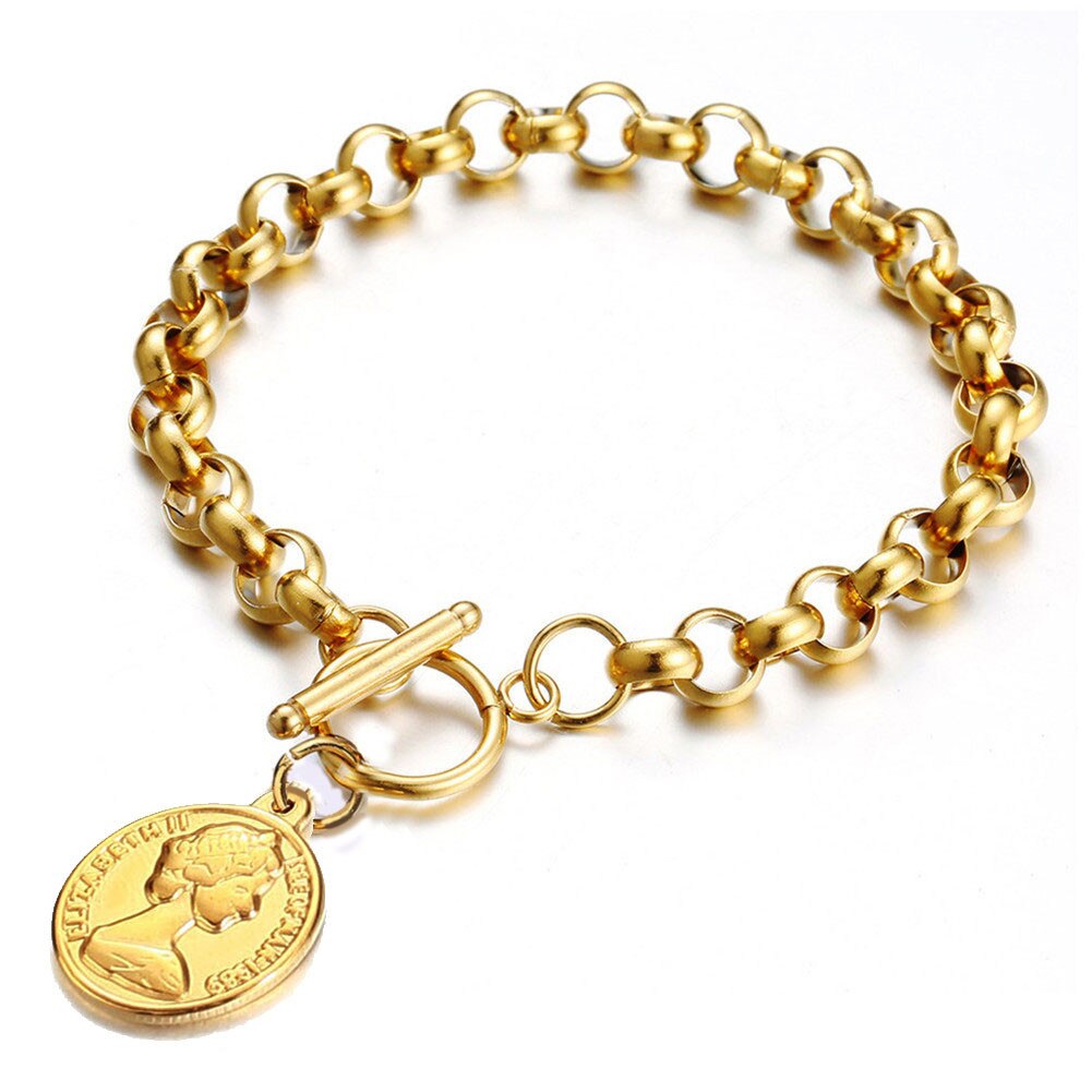 Moda ot fivela moeda beleza cabeça encantos pulseiras de aço inoxidável osso corrente link alternância pulseira para jóias femininas: Ouro-cor