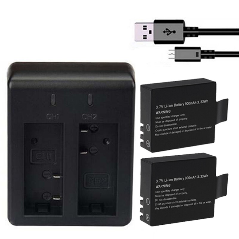 2 stuks x 900 mAh Li-Ion Batterij Digitale Camera Batterij Voor SJ 4000 SJ5000 SJ6000 SJ7000 Wifi M10 Sport actie Camera: 2 Battery 1 Charger
