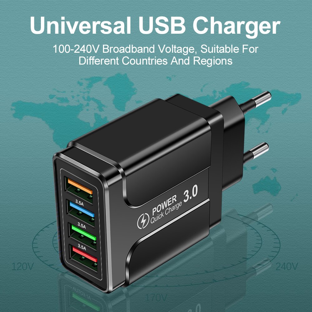 4 USB Charger Quick Charge 3.0 Charging For iphone 11 Xiaomi redmi note 10 Samsung Huawei Wall Mobile Charger Fast Wall Charger