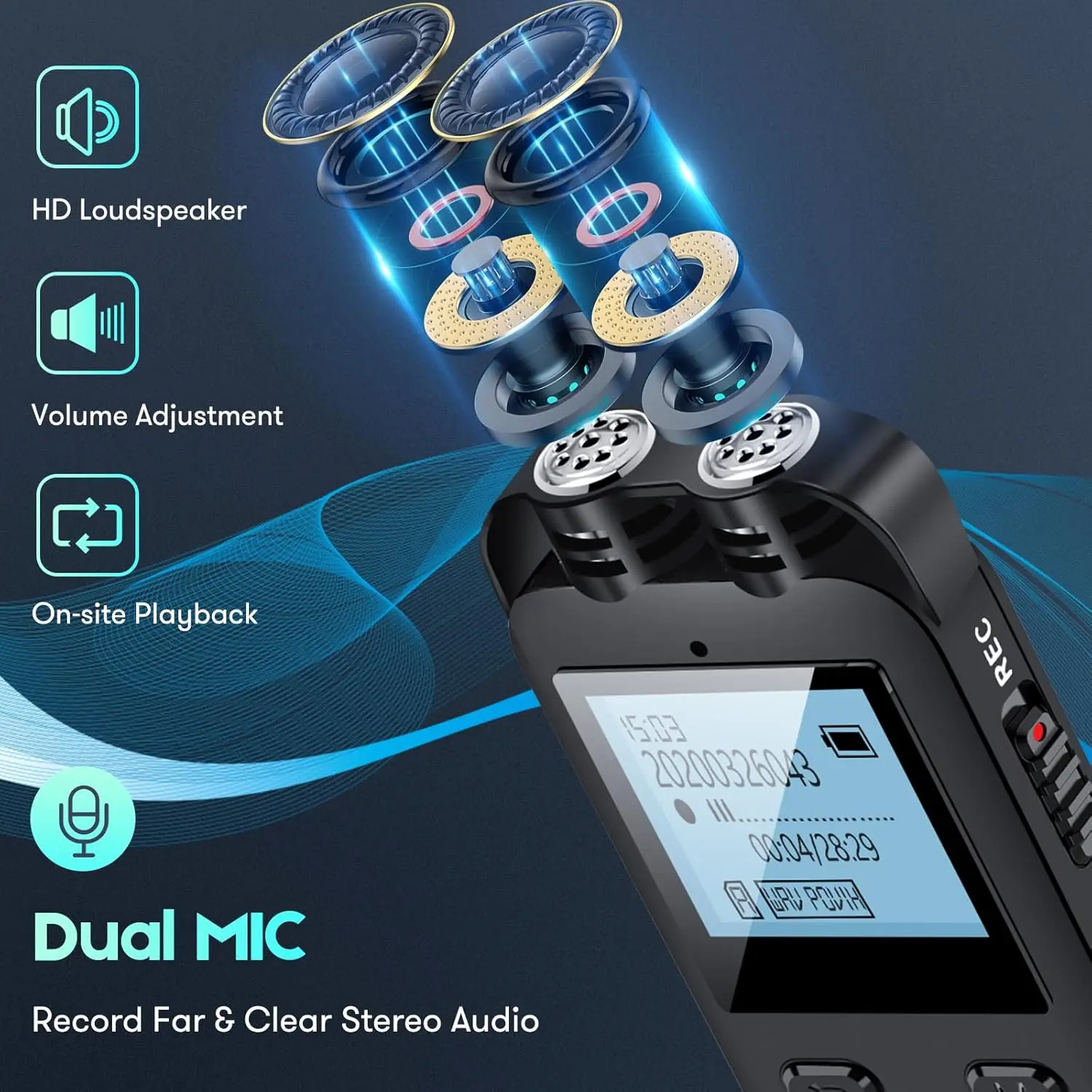Digitaler Diktiergerät, 64 GB, Diktiergerät mit Wiedergabe und sprachaktivierten Rekordern, Diktiergerät, Audio-
