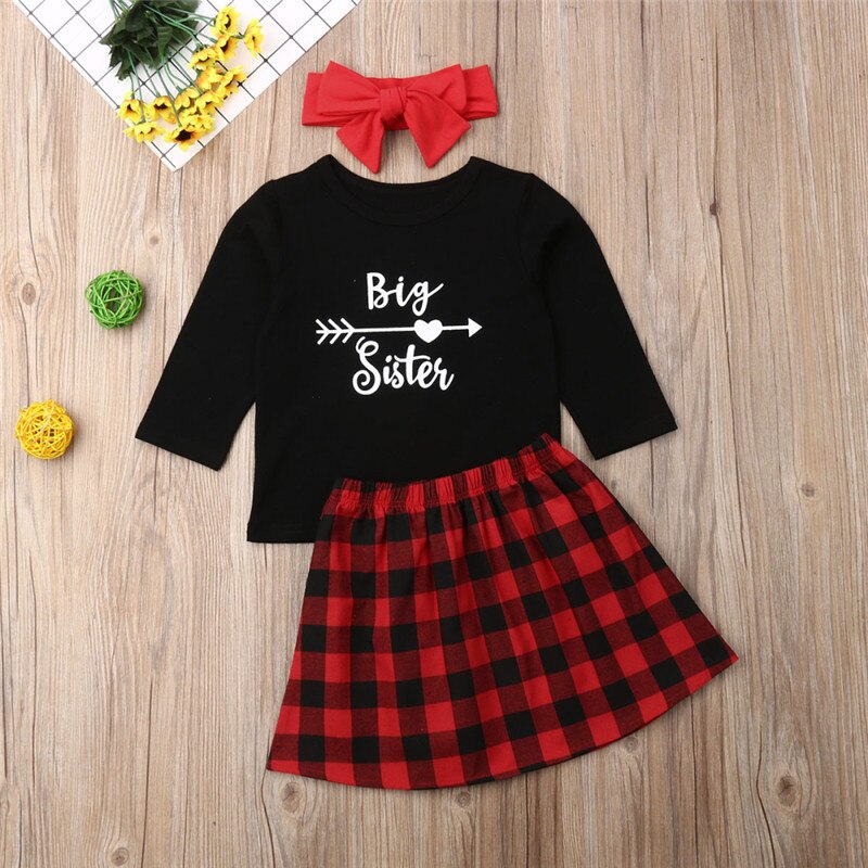 Family Matching Clothes Big Sister T-shirt Little Sister Romper+Plaid Dress Outfits