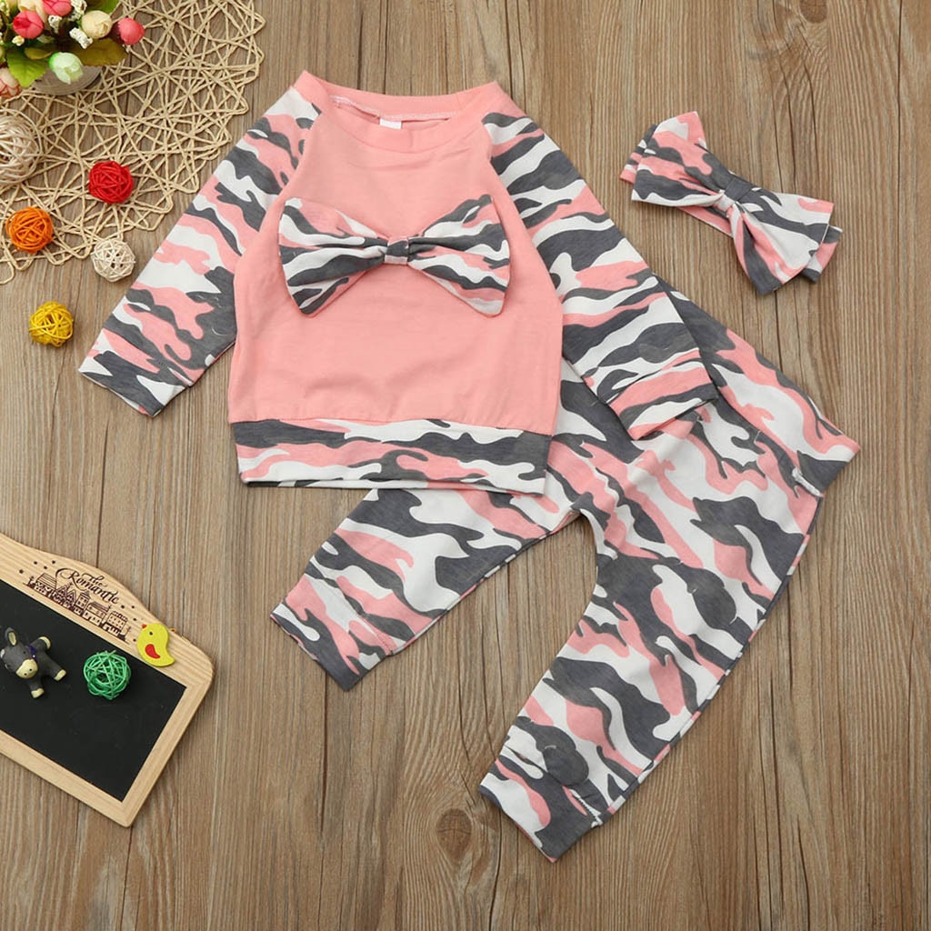 (0-24M) baby Pak Mode Winter Stijl Camouflage Boog Lange Mouwen Shirt + Broek + Haar Tie Pak Roze Детские вещи 50 *