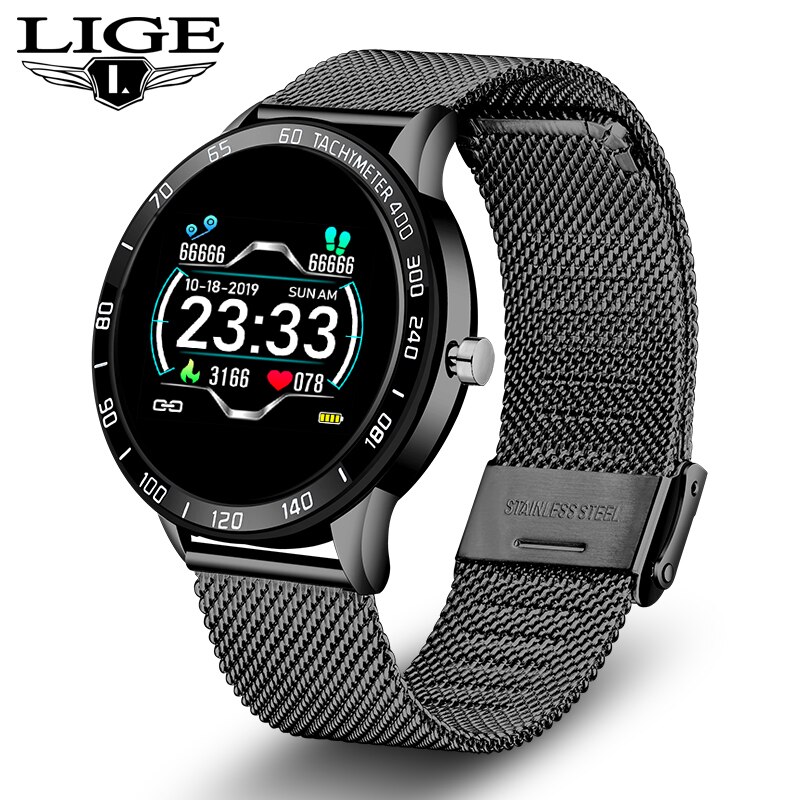 Luik Stalen Slimme Band Mannen Hartslag Bloeddruk Multifunctionele Sport Smartwatch Stappenteller IP67 Waterdichte Fitness Tracker: Black