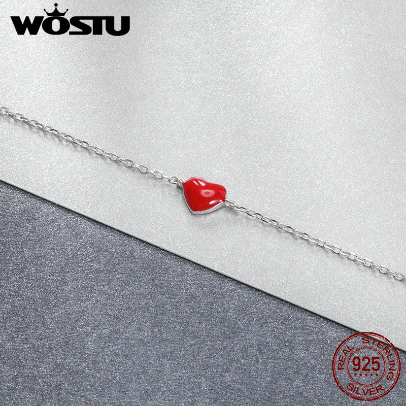 WOSTU Trendy Real 925 Sterling Zilver Emaille Rood Hart Ketting Armband Voor Vrouwen Authentieke Silver Party Fine Jewelry CSB016