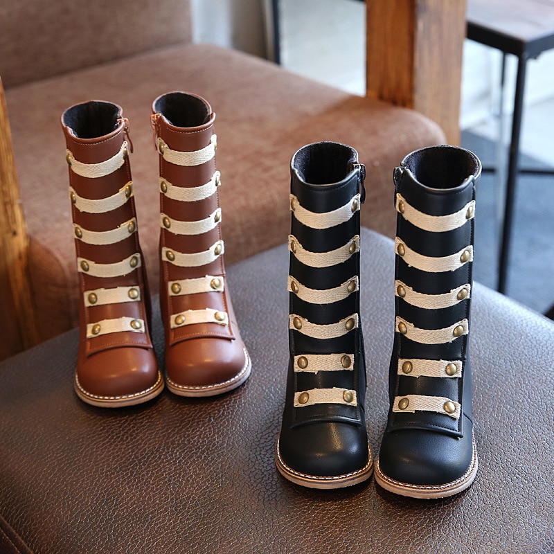 Botas de cuero hasta la rodilla para niños, zapatos de cuero de , remaches, estilo metálico, geniales, de felpa cálida, fondo suave