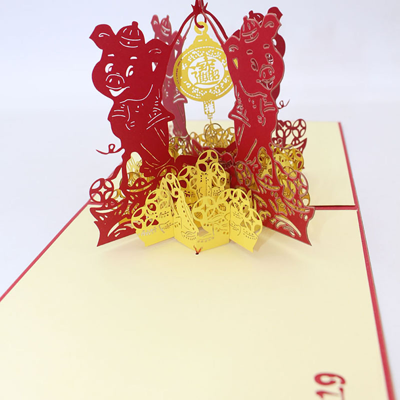 Gelukkig Nieuwjaar 3D Stereoscopische Hollow Rode Dubbele Pig Festival Zegen Verjaardag Wenskaarten Met Envelop Business Postkaart