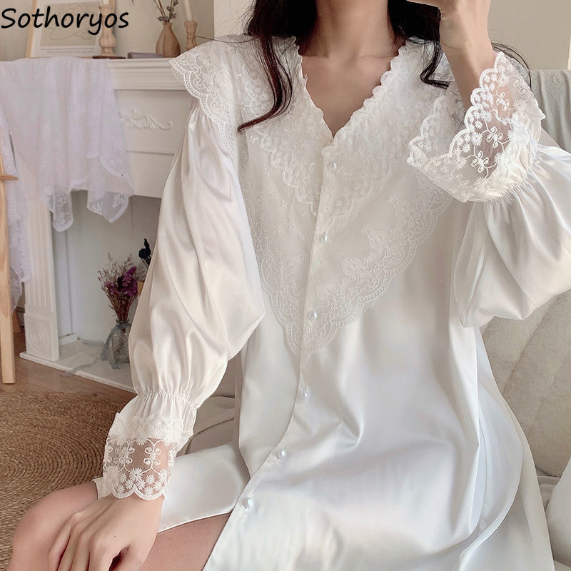 Camisola feminina renda doce manga comprida, camisola casual folgada coreana adorável mini vestido vintage branco com botões