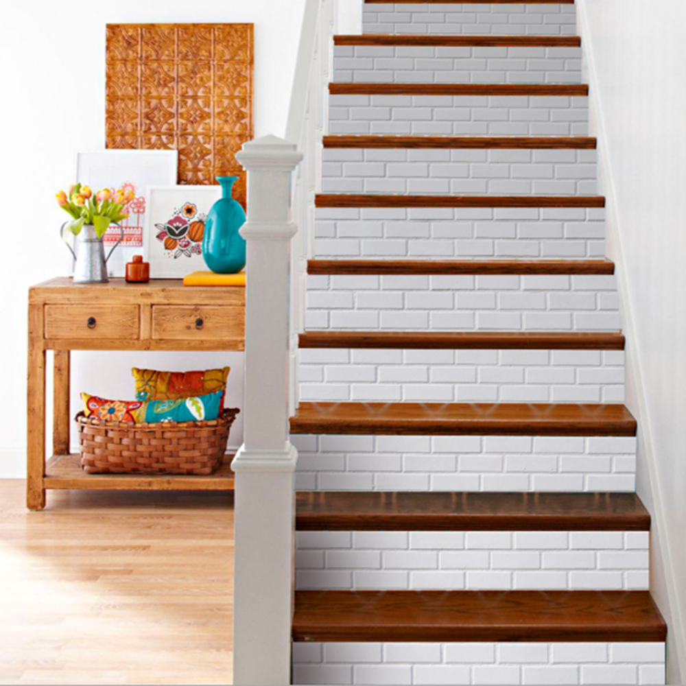 Hvid mursten mønster trappe væg klistermærke gulv køkken badeværelse fliser boligindretning kunst vægmaleri vandtæt diy vinyl tapet