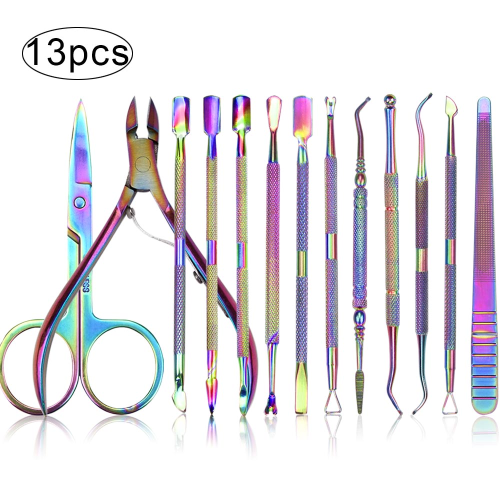 Removedor de cutículas, tijeras de manicura, empujador de cutículas, tijeras de piel muerta, pinzas de cutículas de acero inoxidable, juego de manicura, herramientas para uñas: 13pcs