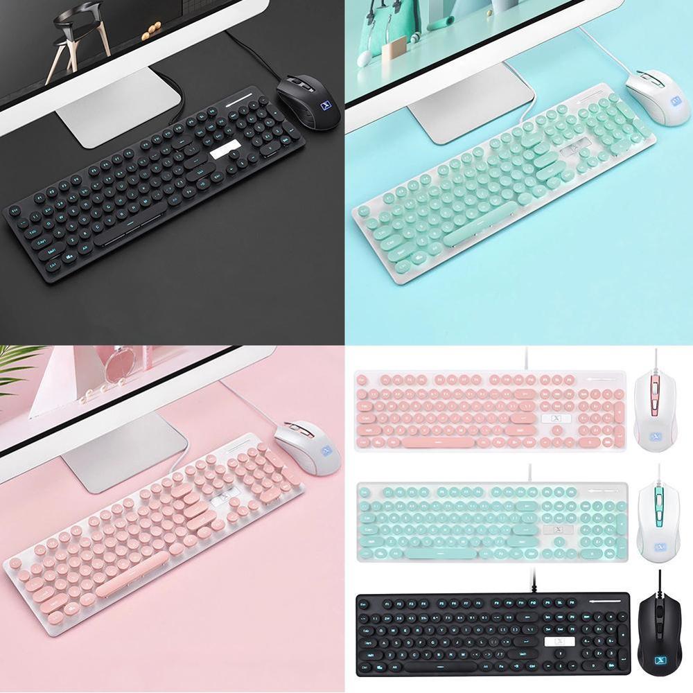 Pink Retro Wired Gaming Keyboard and Mouse Kit Round Laptop For PC Button Keyboard Mouse Steampunk Keycap 1800DPI Multimedi E0E8