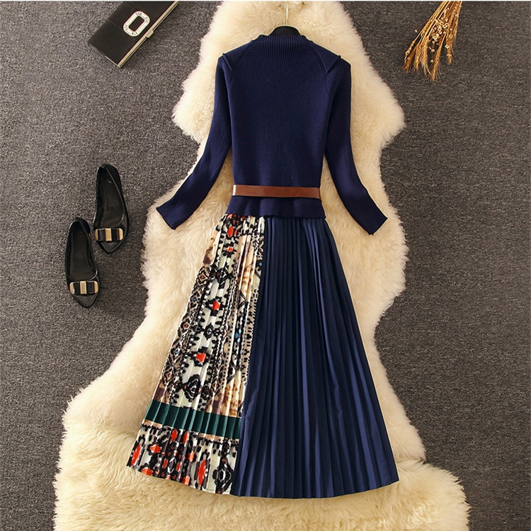 Dzianinowa, patchworkowa, plisowana sukienka midi na jesień i zimę, damska, z długim rękawem, etniczna, retro, z nadrukiem, plisowana sukienka