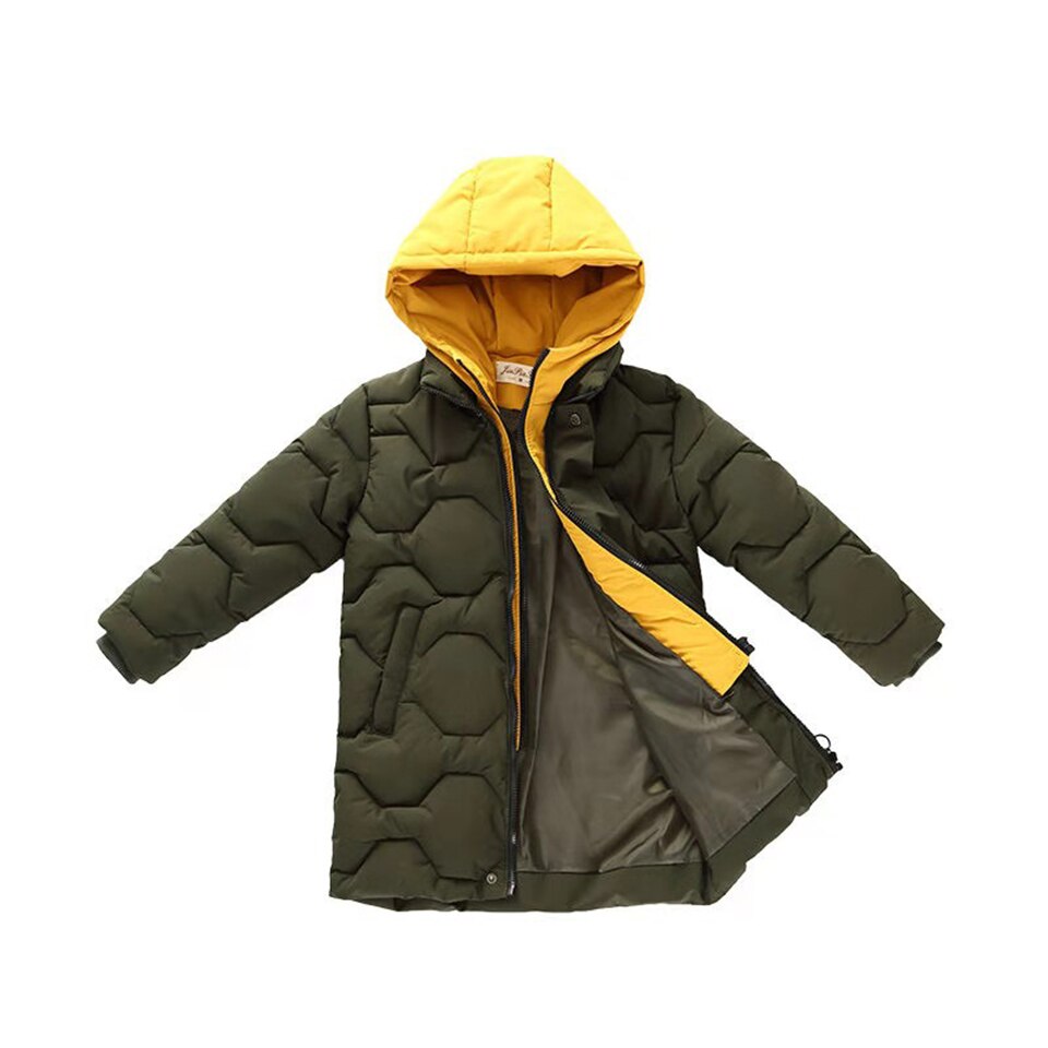 Voor 6 8 10 12 13 Jr Effen Kleur Tiener Jongens Rits Jassen Winter Parka Geel Kleur Hooded Casual warm Jongens Bovenkleding