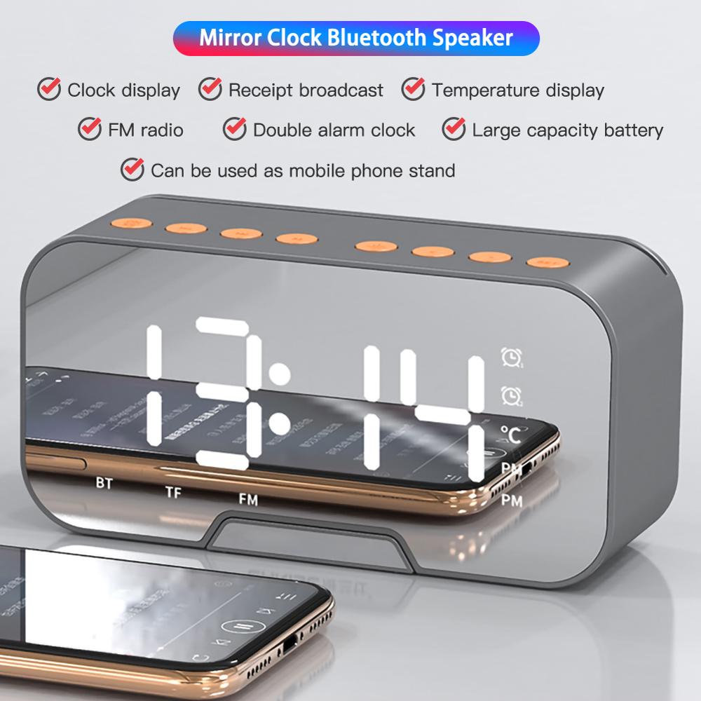 Led väckarklocka med fm radio trådlös bluetooth högtalare spegel display stöd subwoofer musik snooze bordsklocka