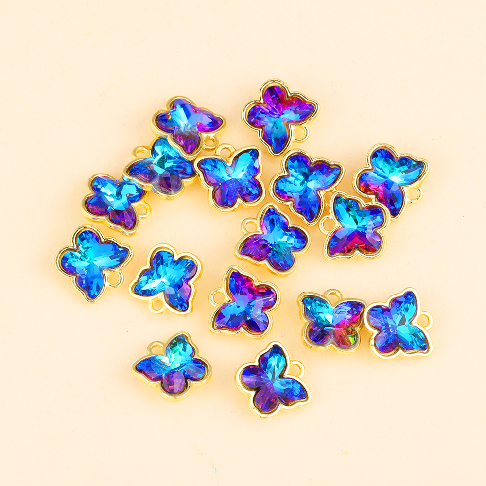 10 Uds. De abalorios de mariposa de cristal Multicolor de 11mm, colgante pequeño de cristal, manualidades, pendientes, collar, accesorios de decoración de joyería: Color dorado