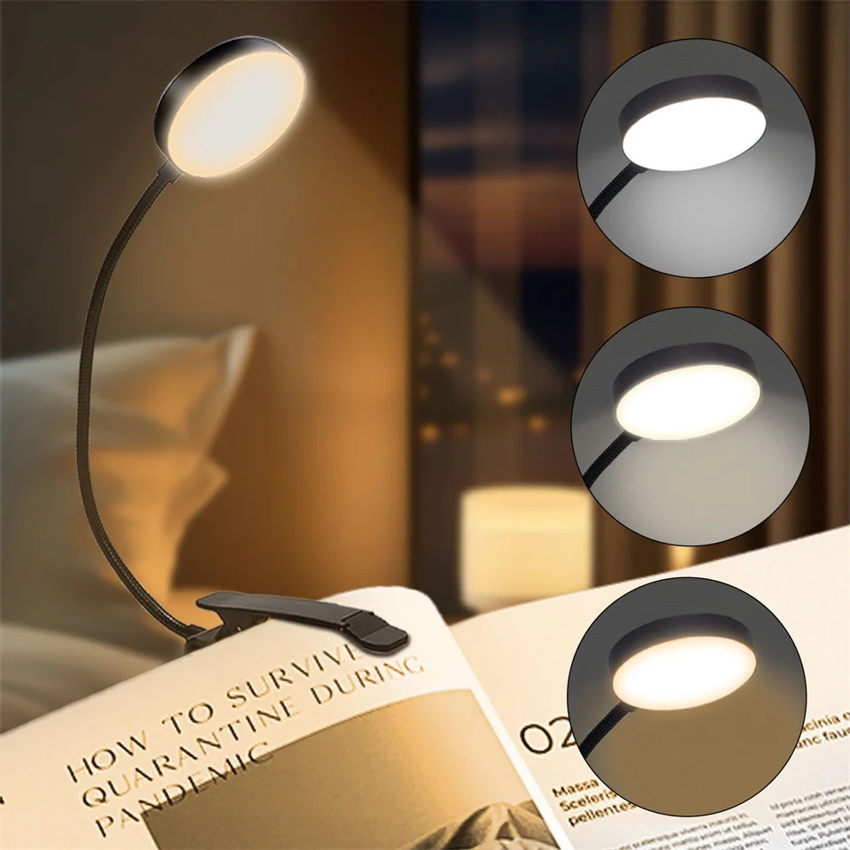 Luz de libro recargable para leer en la cama, lámparas de lectura para el cuidado de los ojos, temperatura de 3 colores, luz de lectura ligera pequeña con Clip: Blanco frío