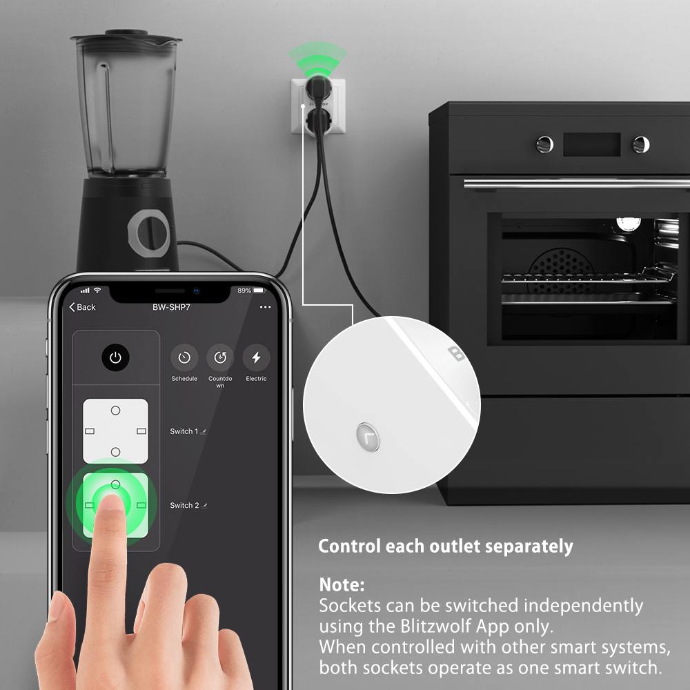 BlitzWolf BW-SHP7 16A 2 en 1 enchufe Dual de la UE inteligente WIFI Socket Switch Control Remoto interruptor temporizador trabajo con Google asistente/Alexa
