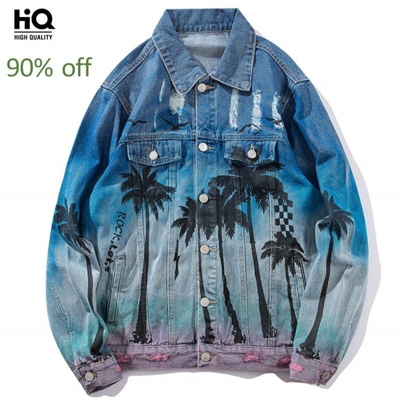 Mode Losse Denim Jas Vintage Bomberjack Ripped Holes Zee Strand Kokospalm Mannen Hip Hop Jeans Jacket Streetwear Coat