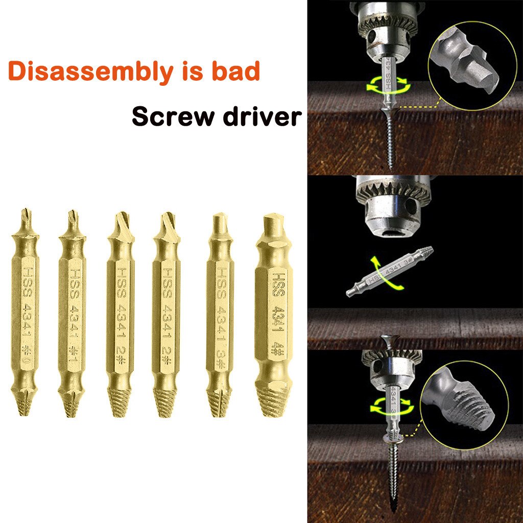 T# 6pcs Material Damaged Screw Extractor Drill Bits Guide Set Broken Speed Out Easy Out Bolt Stud Stripped Screw Remover Tools