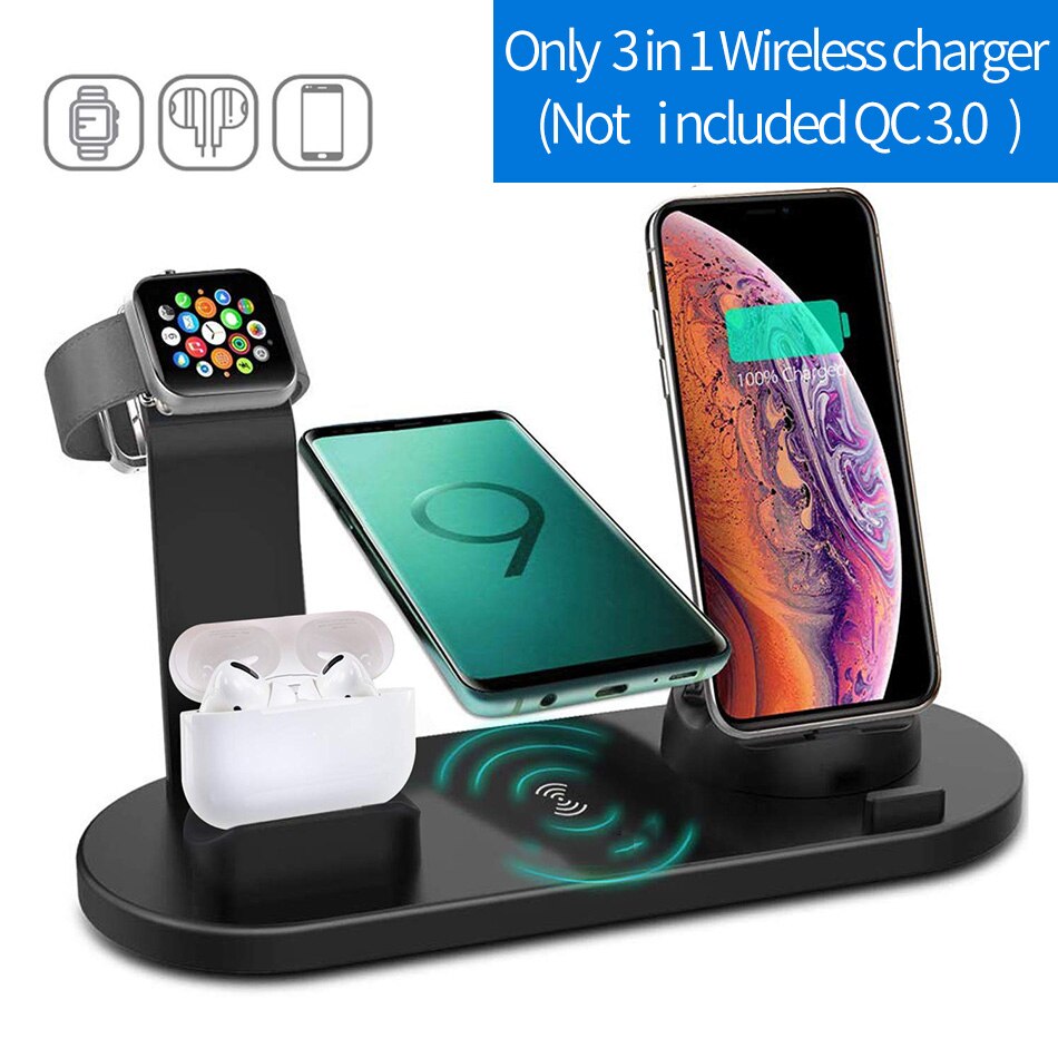 KEPHE 4 in 1 Qi Wireless Charger For iPhone 11 X XS XR 8 10W USB Type C Fast Charging Dock Stand for Apple Watch 5 4 3 2 Airpods: Black without Plug