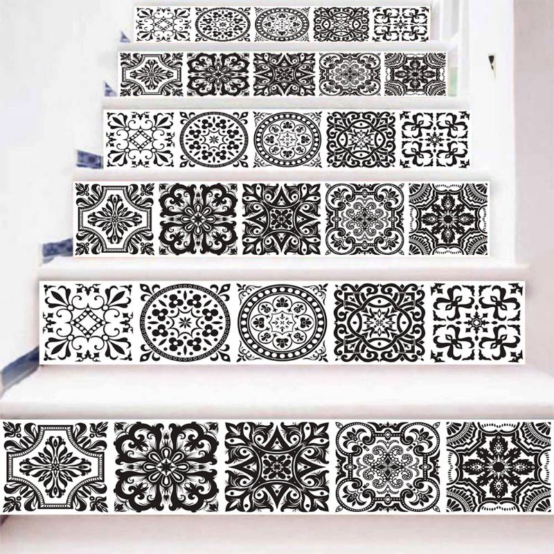 6 st / uppsättning 3d svart mandala trappa trappsteg golv klistermärke självhäftande diy trappa vattentät pvc väggdekaler heminredning