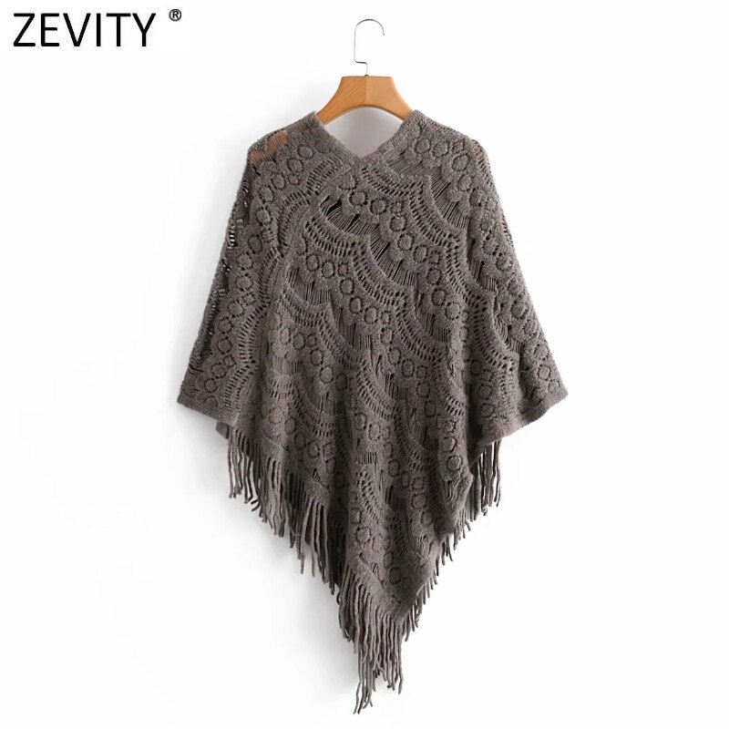 Zevity kvinder hæklet strikket jacquard sjal sweater kvindelig hem kvast dekoration pullovere chic hule kappe toppe  s530