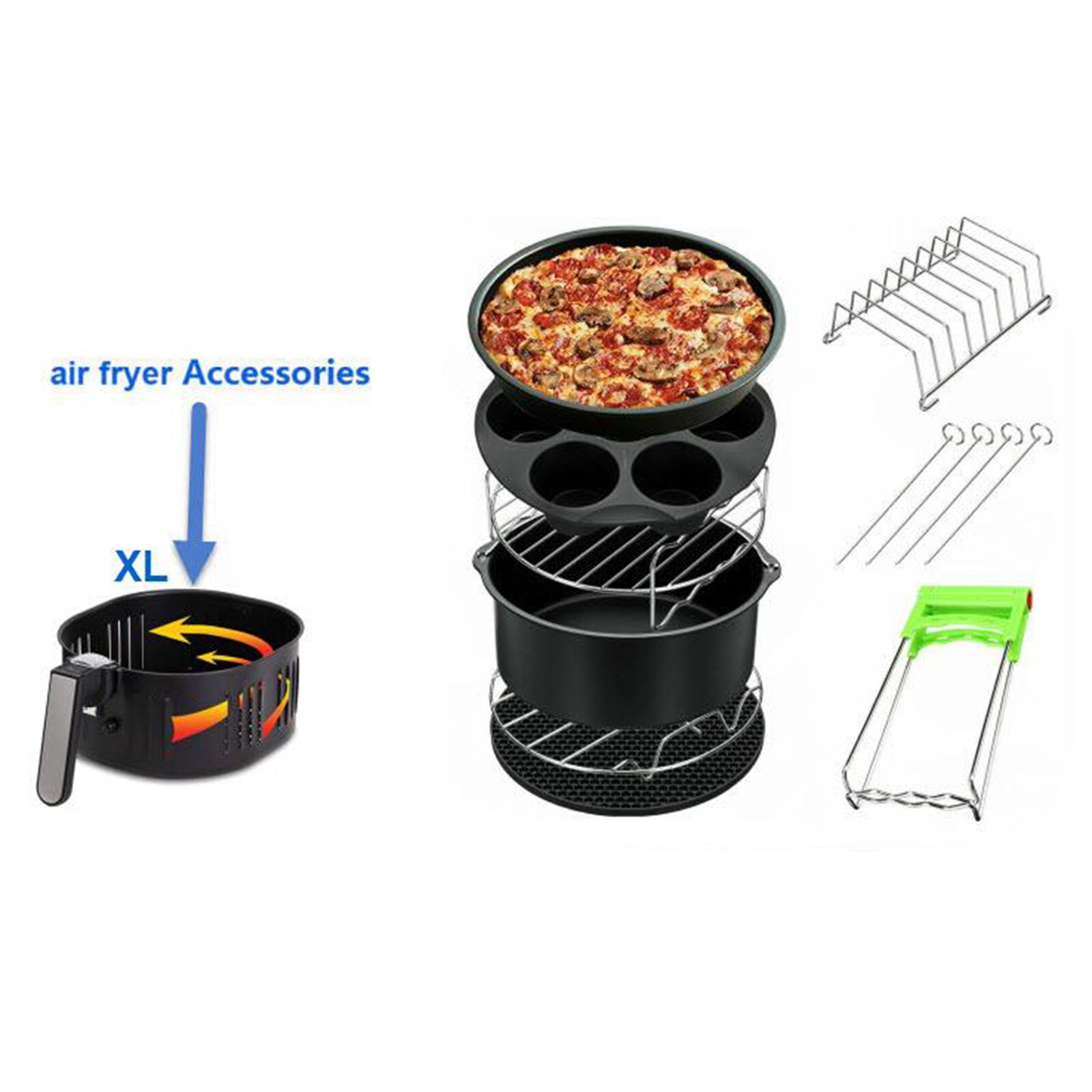 8Pcs Air Fryer Accessories Set Frying Cage Pan Rack Cake Barrel Fit for all Air Fryer 5.3, 5.8, 7, 8QT